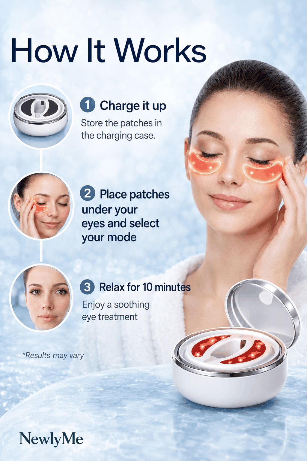Instructions on how to use LED  red light eye wings with a charging case, featuring a woman using them.