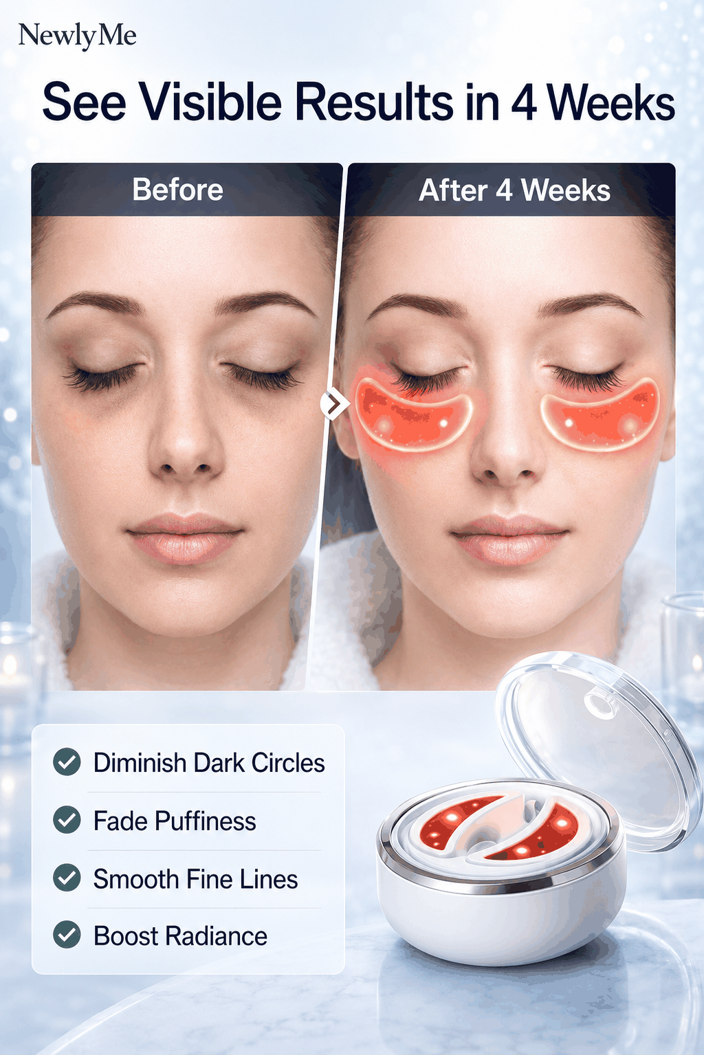 Before and after effect of a LED red light eye wings product on a woman's face with visible results.