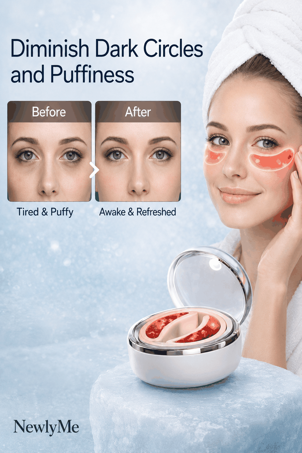 LED red light eye wings diminish dark circles and puffiness, showing before and after effects.
