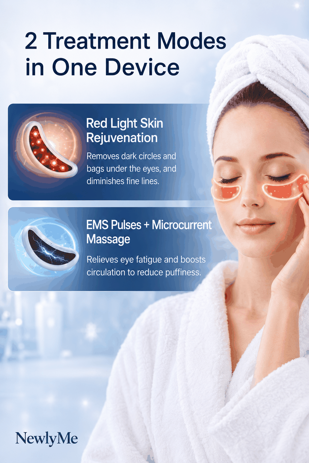 Woman using LED red light eye wings with text on treatment modes and benefits.