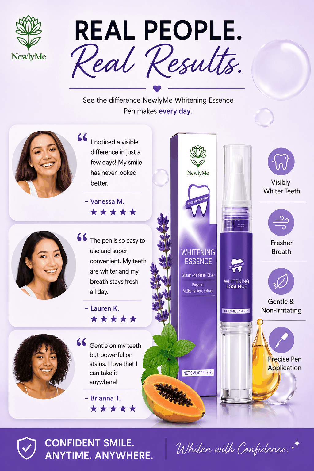 Whitening Pen with user testimonials and product details on a purple background.