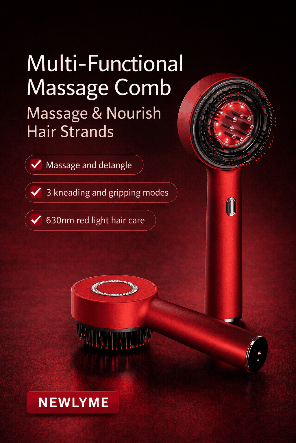 Red multi-functional massage comb with massage and nourish hair strands features on a dark background.