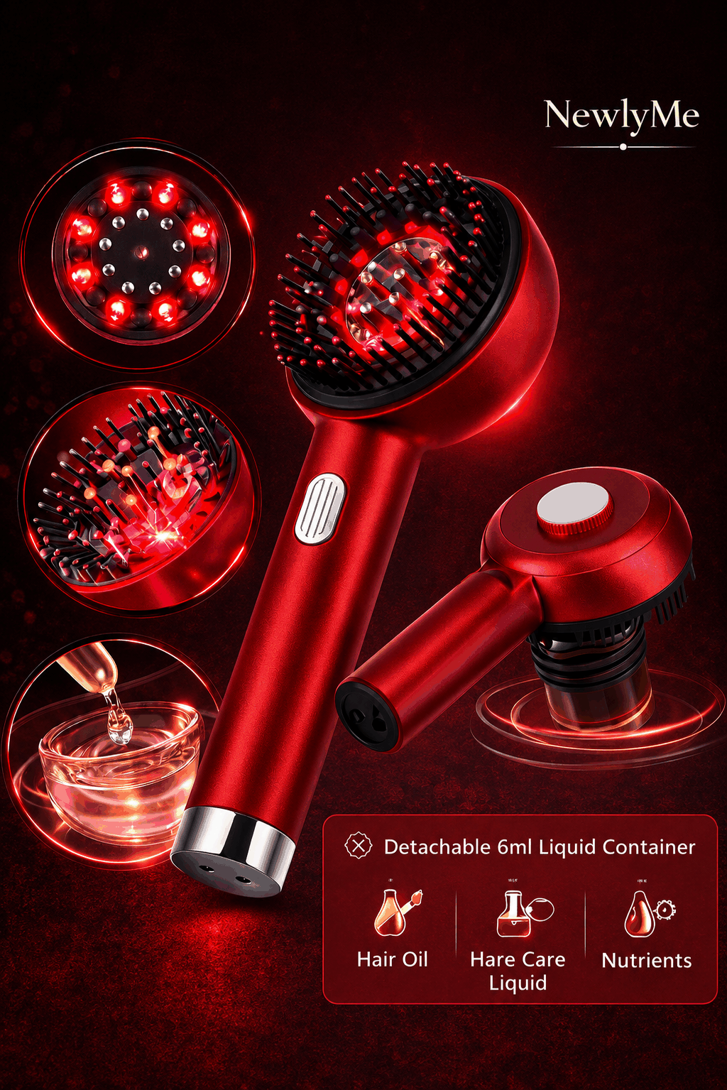 Red hair care device with detachable liquid container on a dark background