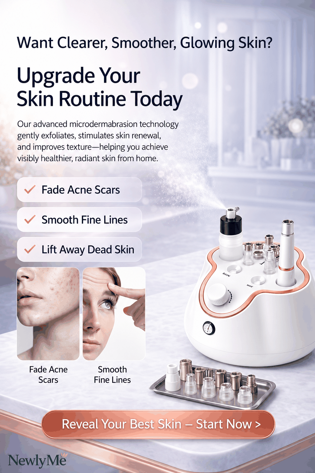 Microdermabrasion device with text about skin improvement and images of before and after effects.