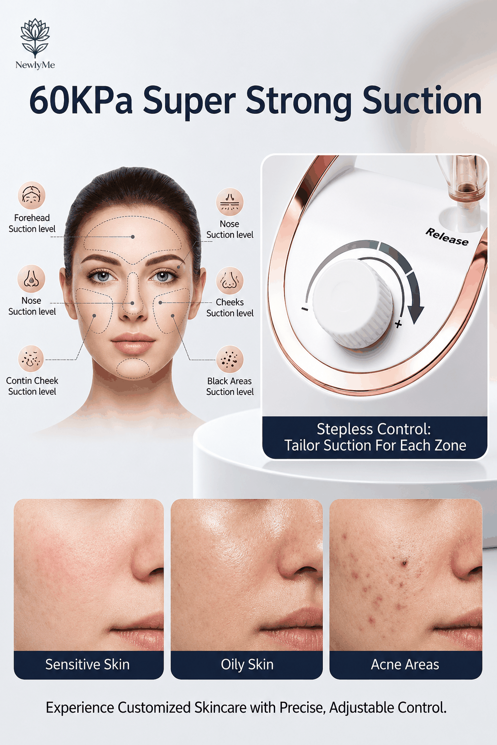 Microdermabrasion device with text about suction levels and skin types.