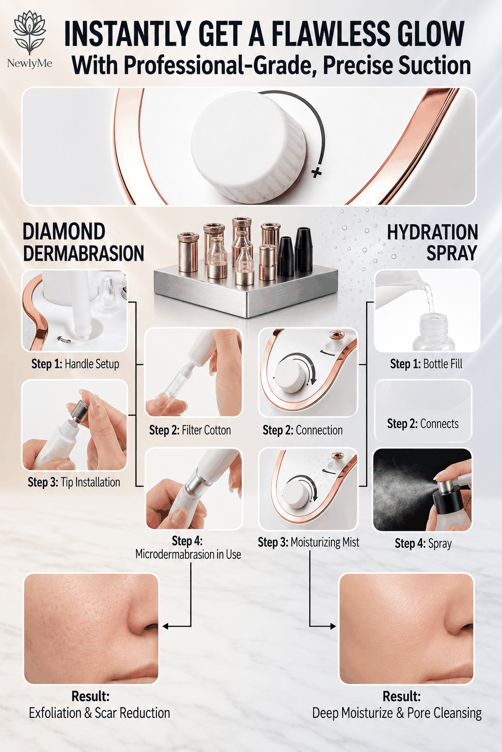 Microdermabrasion device with steps for diamond dermabrasion and hydration spray, showing product use and results.