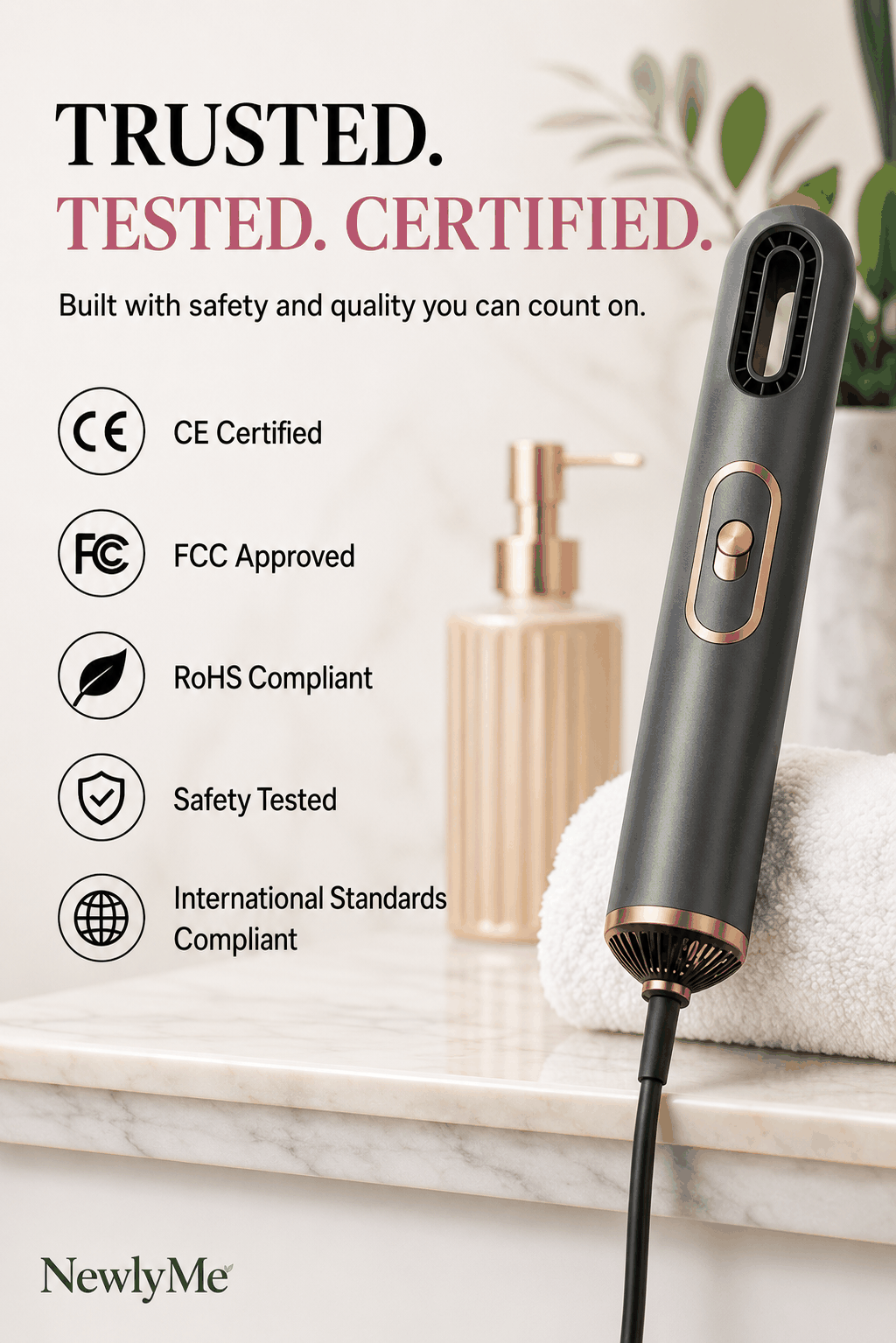 Black handheld mini hair dryer with gold accents on a marble surface, surrounded by text about certifications and safety.