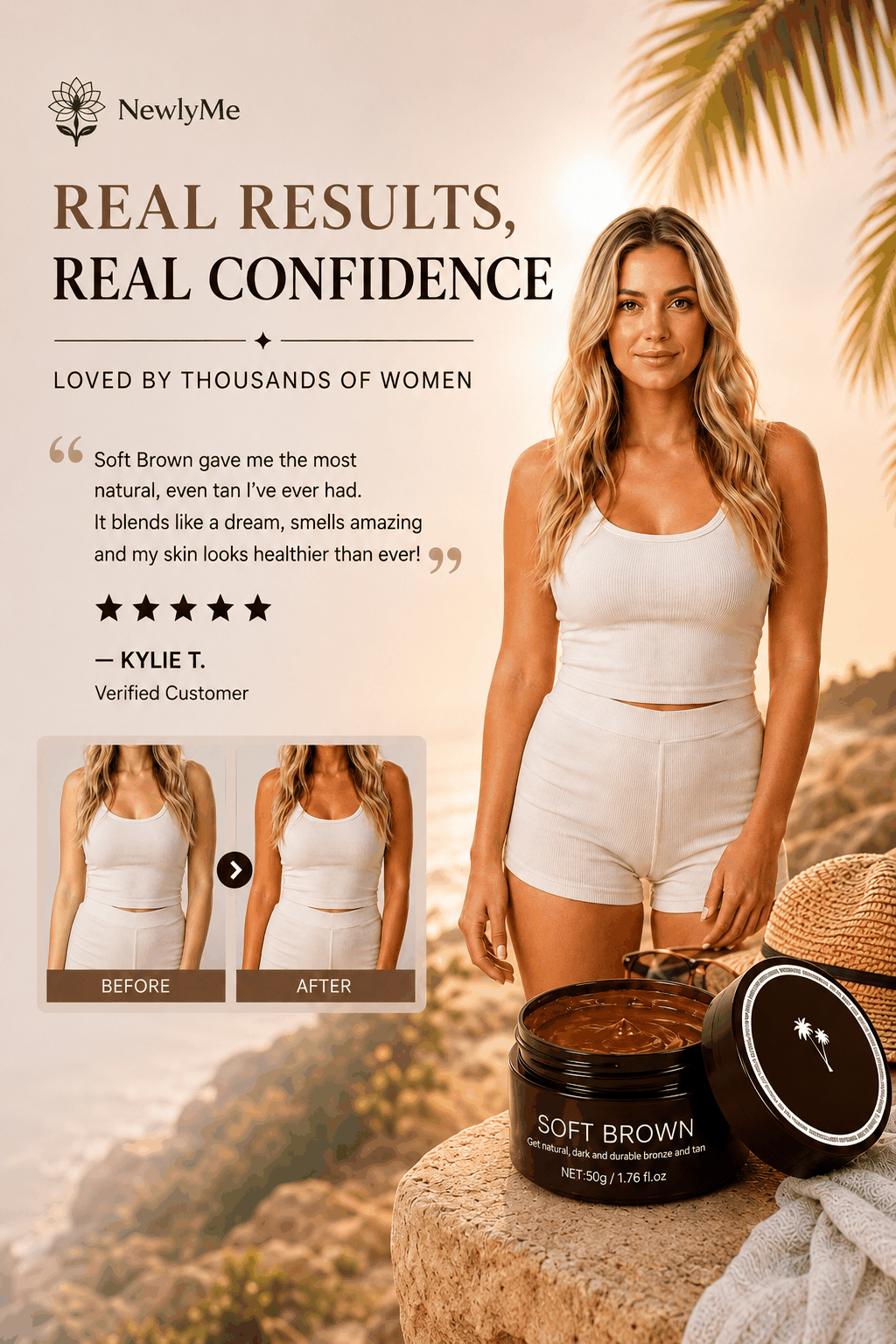 'Soft Brown' self tanning lotion product by NewlyMe with a woman and product packaging.