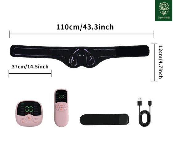 Electric Buttocks Muscle Toner EMS device with adjustable belt, remote control, and USB charging cable for glute toning and lifting.