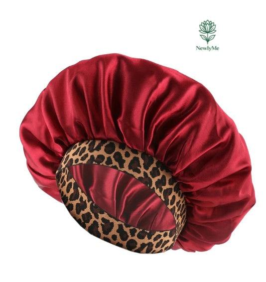 Satin bonnet with leopard print brim for natural hair protection and style