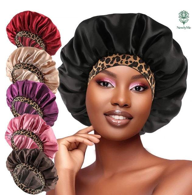 Satin bonnet with leopard print brim for natural hair protection and style