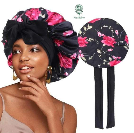 Flower print silky bonnet made of smooth silk with floral pattern for hair protection and moisture retention