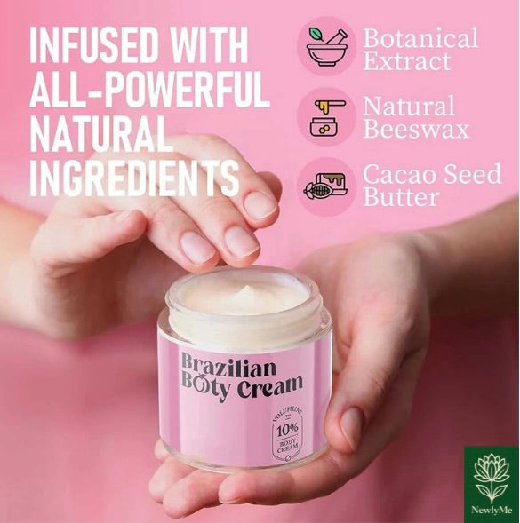 Brazilian Bum Body Cream jar held by hands with text highlighting natural ingredients and benefits on pink background