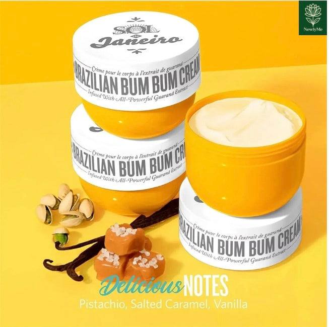 Brazilian Bum Paste firming body cream with pistachio, salted caramel, and vanilla scent in yellow jars