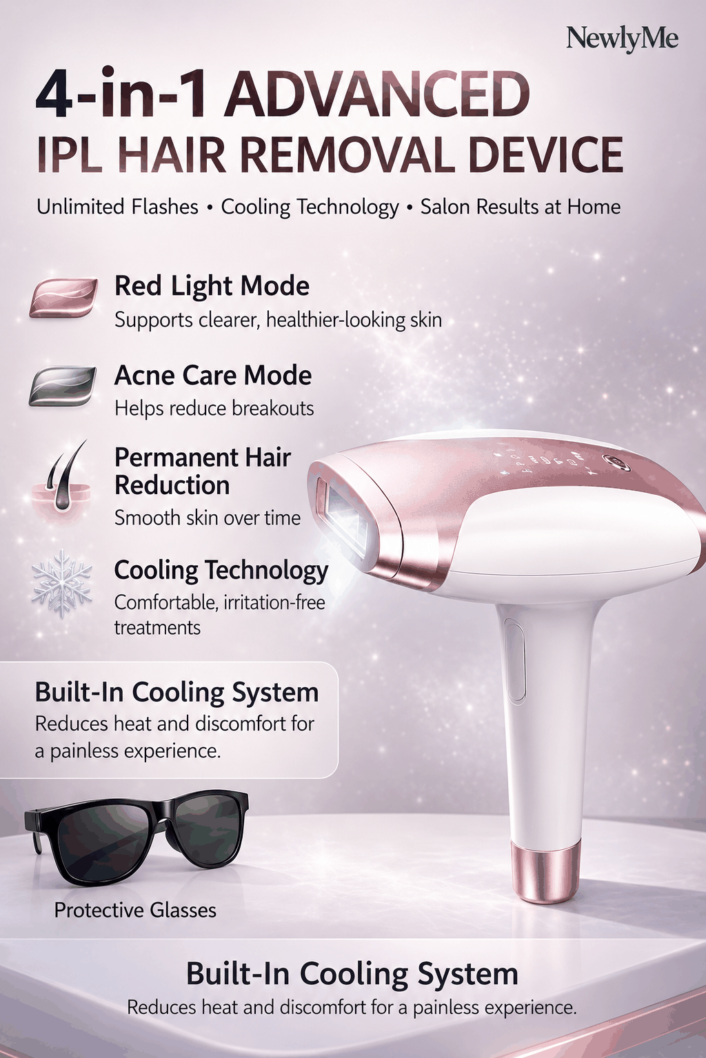 4-in-1 Advanced IPL Hair Removal Device with features listed on a white background