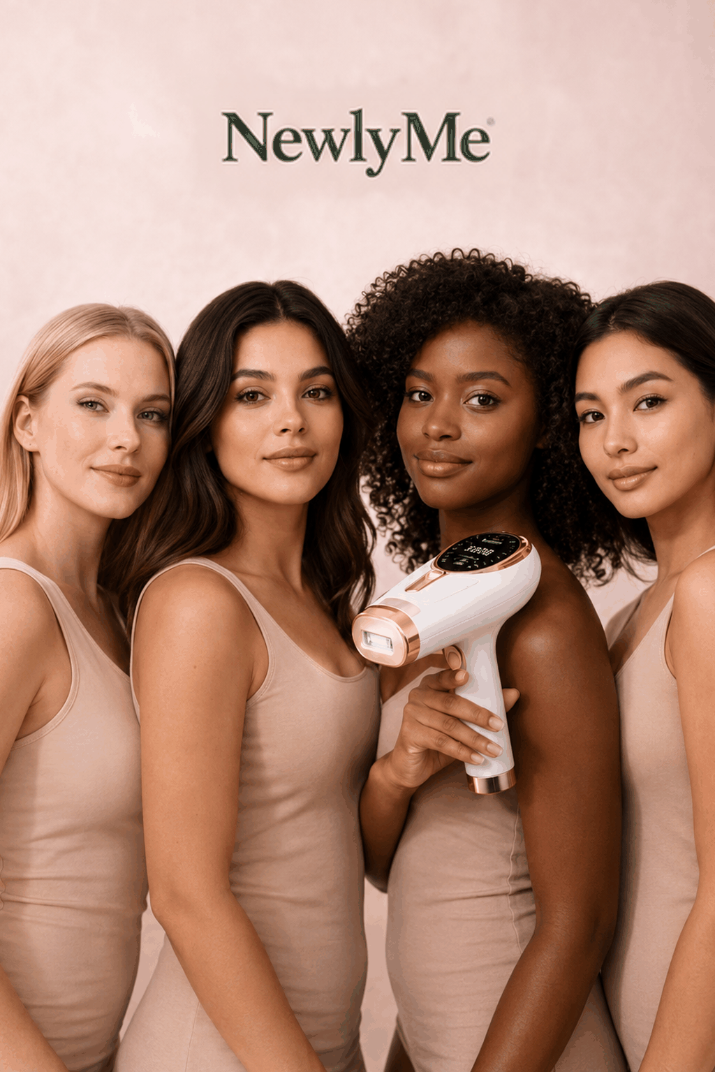 Four women holding a hair removal device on a beige background
