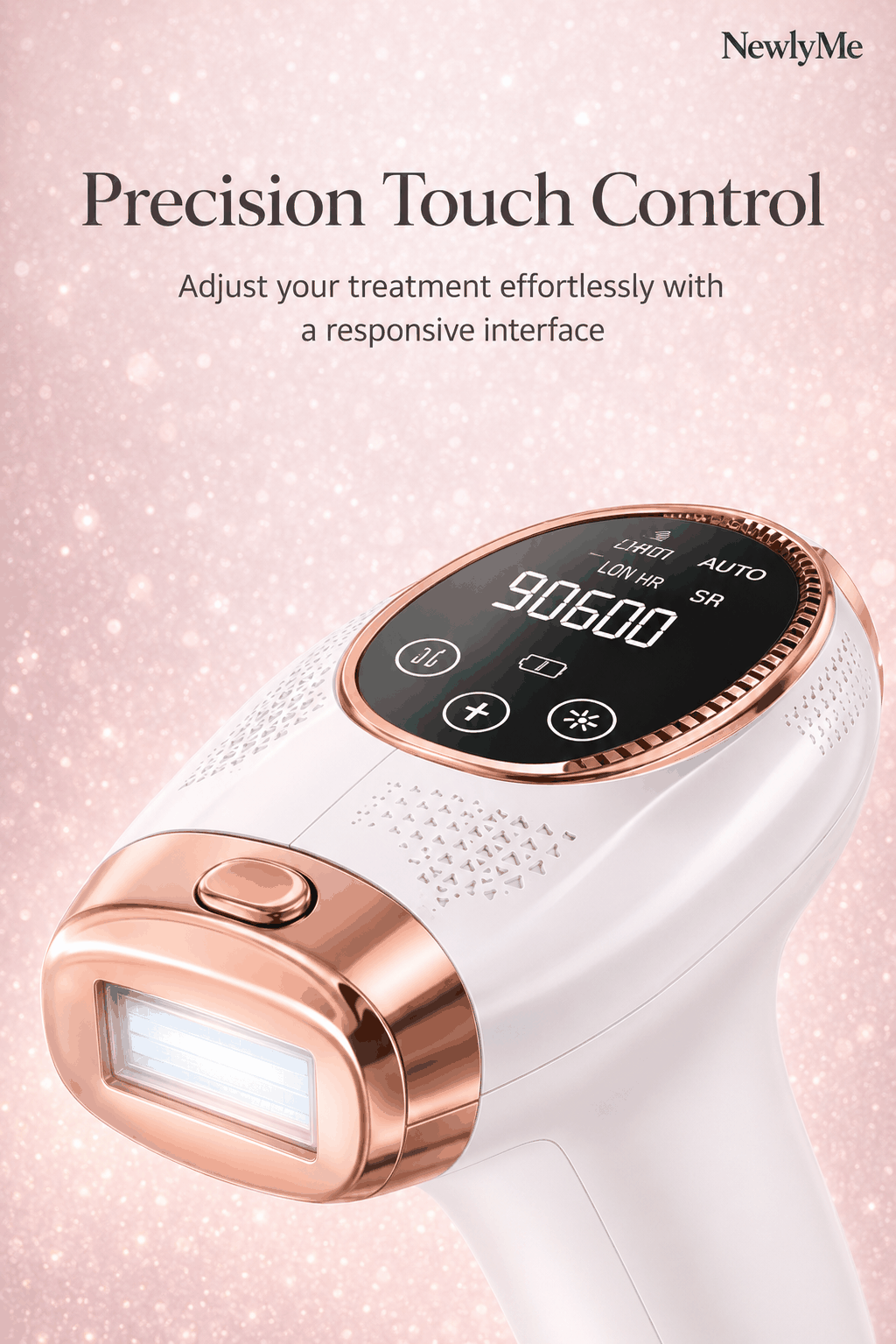 Permanent hair removal device with digital display on a pink background.