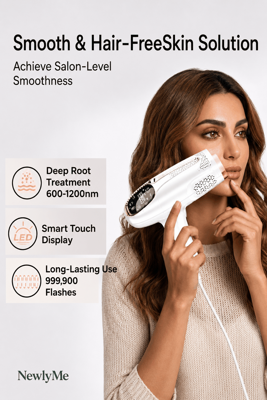 Woman using a hair removal device with product features highlighted on a white background