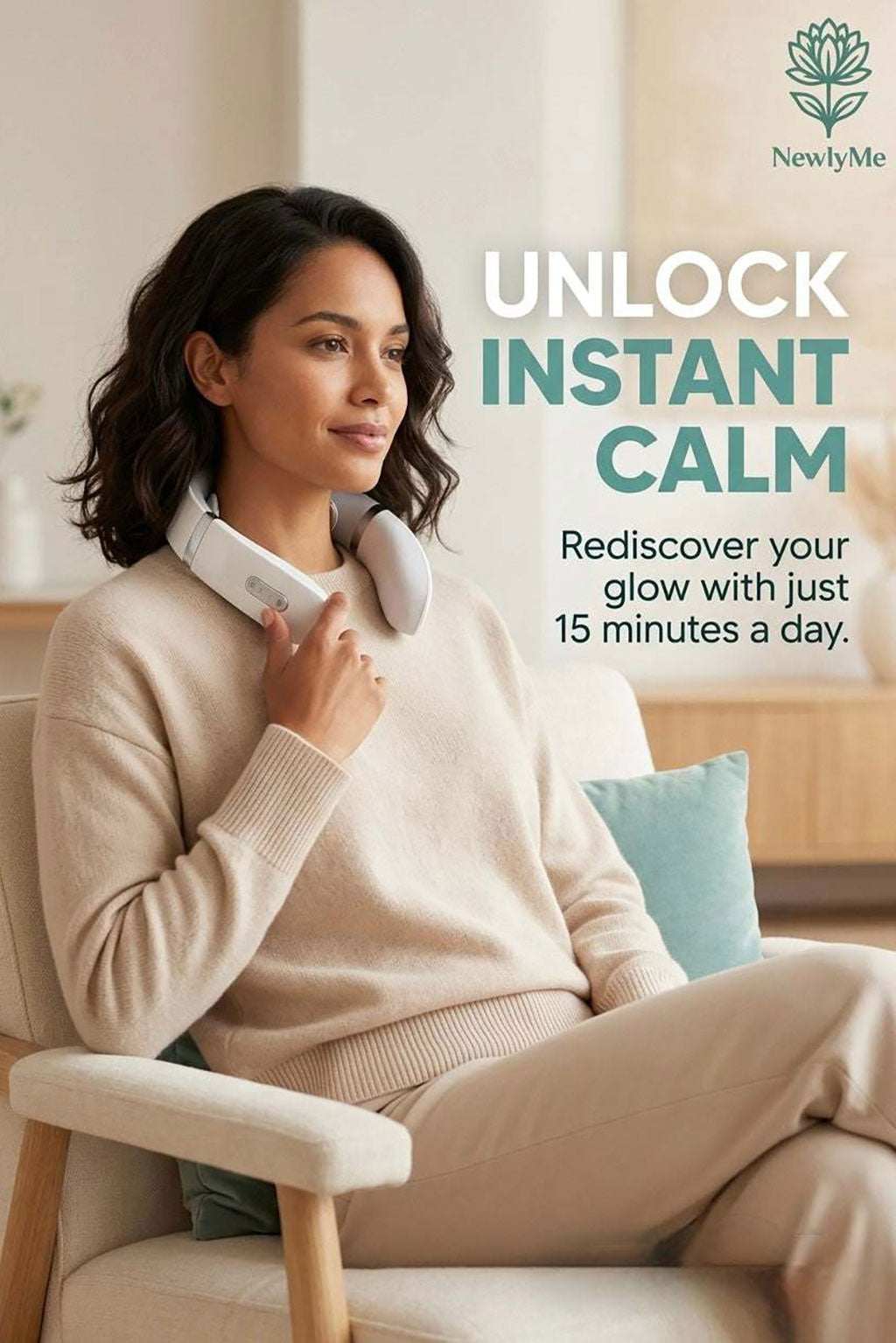 Woman using a neck massager with promotional text on a blurred background