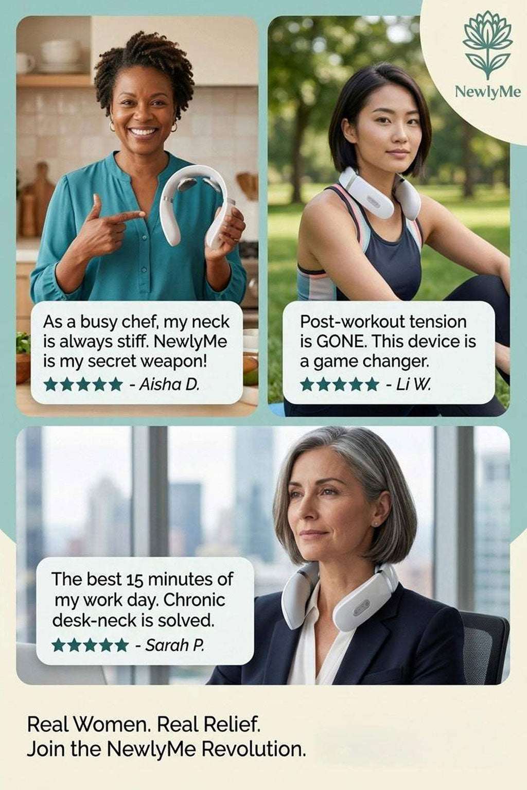 Promotional image for Neck Massager device with three users and their testimonials.