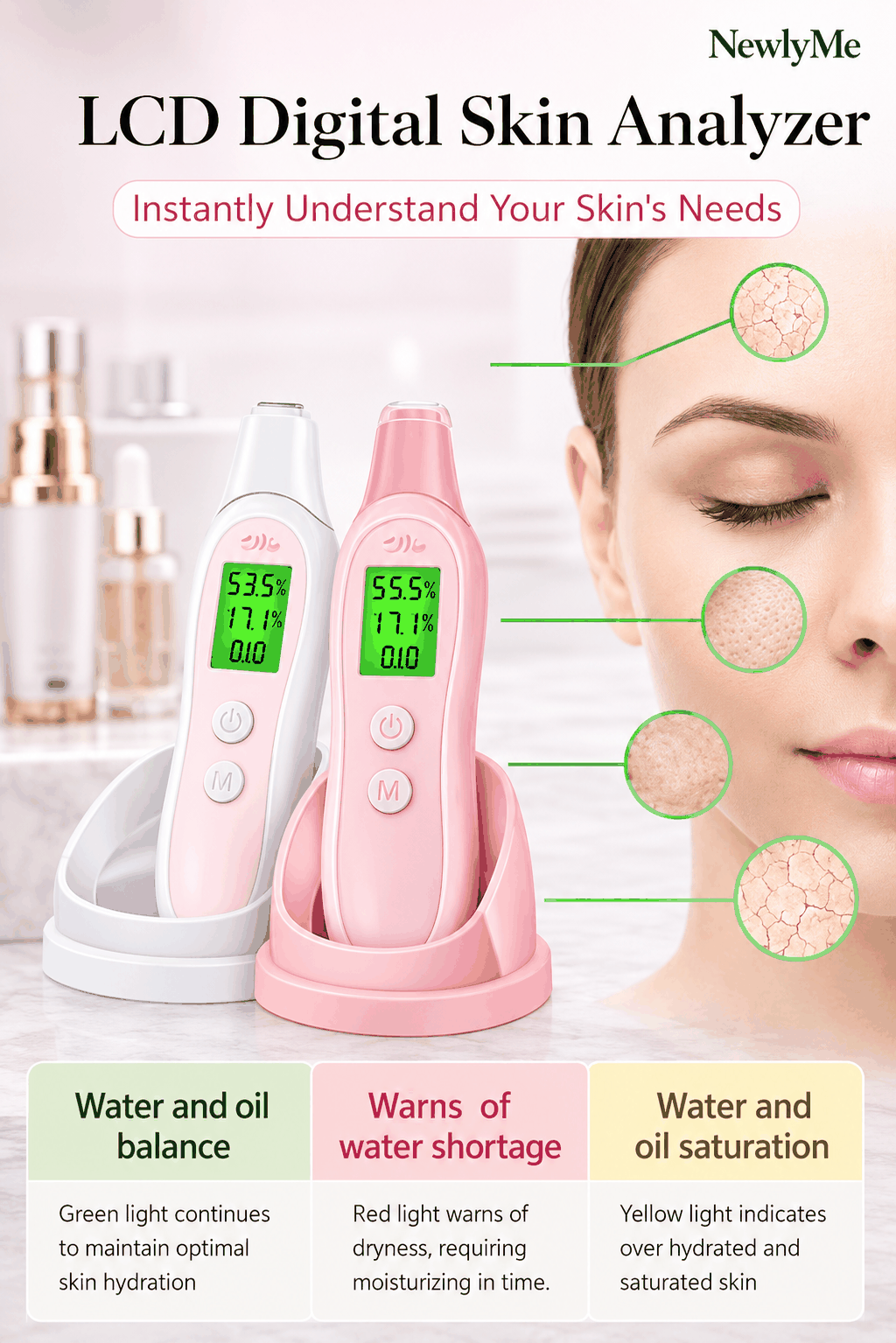 LCD Digital Skin tester with digital display and skin analysis graphics on a blurred skincare product background.