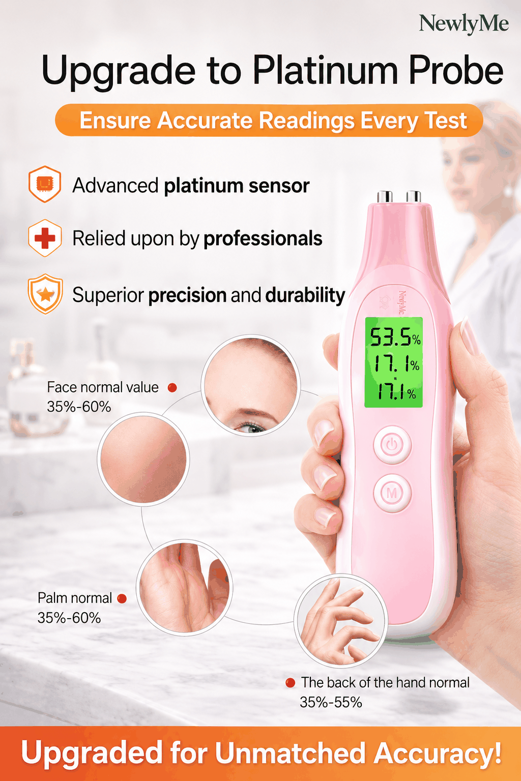 Skin Tester with digital display held by a hand, surrounded by text about platinum probe technology.