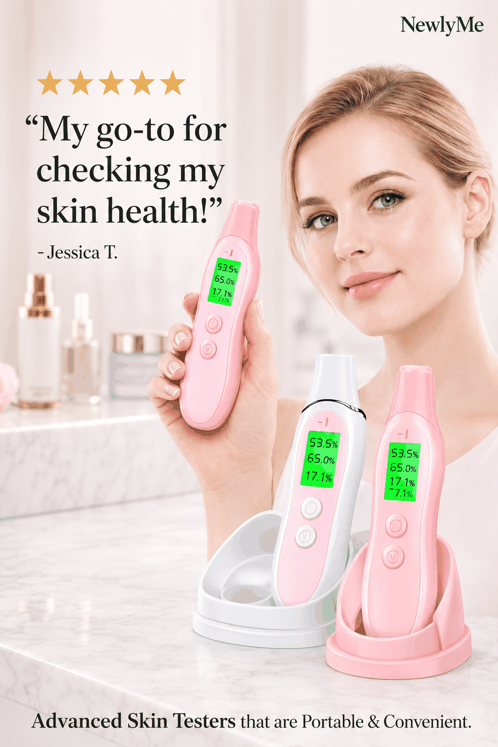 Woman holding a pink skin tester with text about skin health.