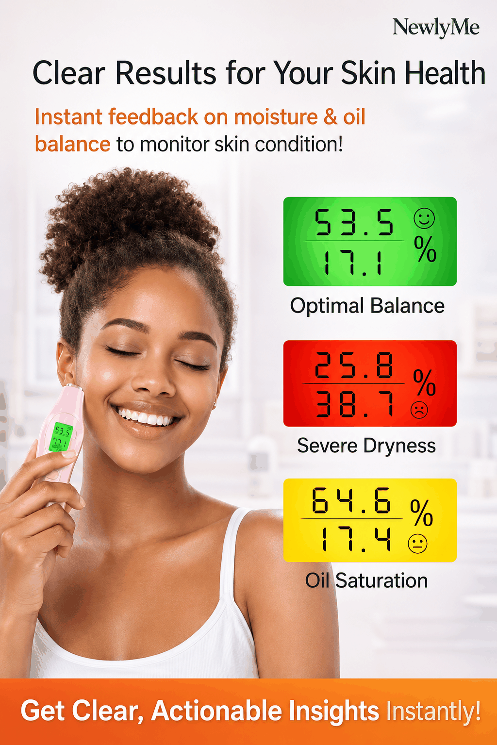 Woman using a skin tester with digital display showing moisture and oil balance.