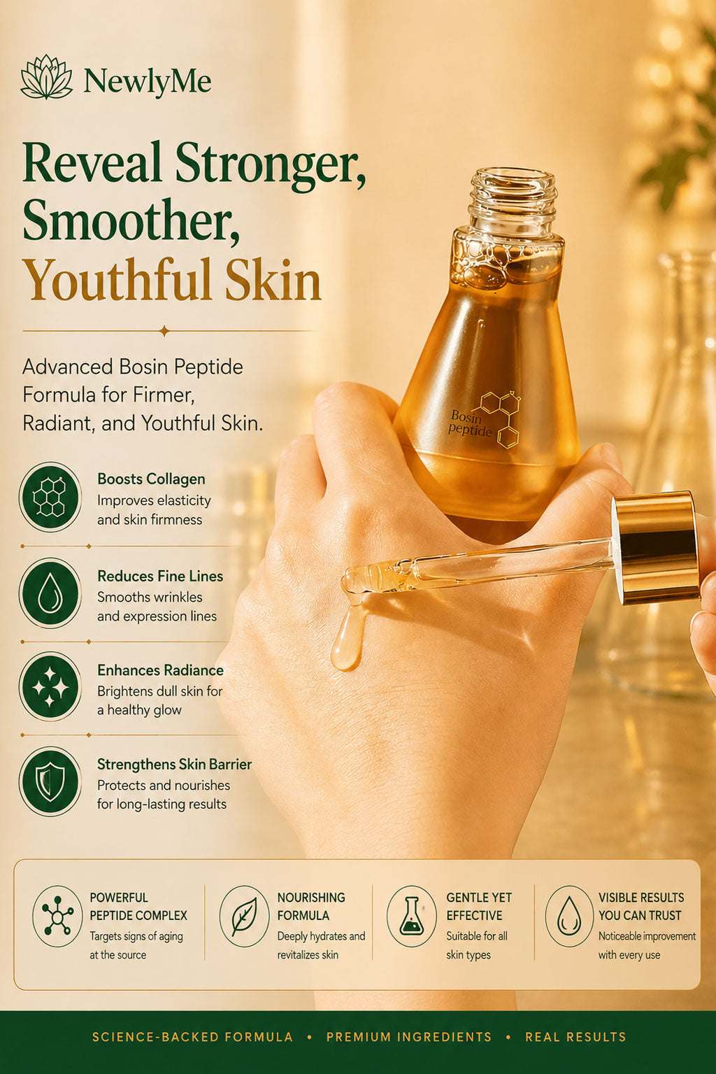 Resurfacing Face Hydrating Care serum with a hand holding a dropper and text about skin benefits.
