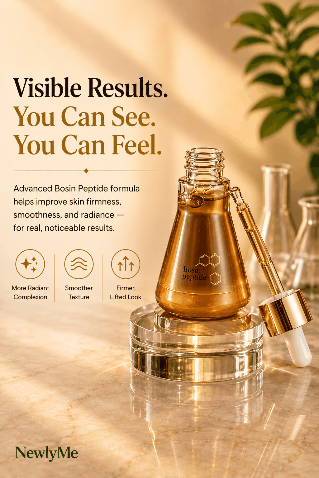 Cosmetic dropper bottle with Resurfacing Face Hydrating Care serum on a reflective surface.