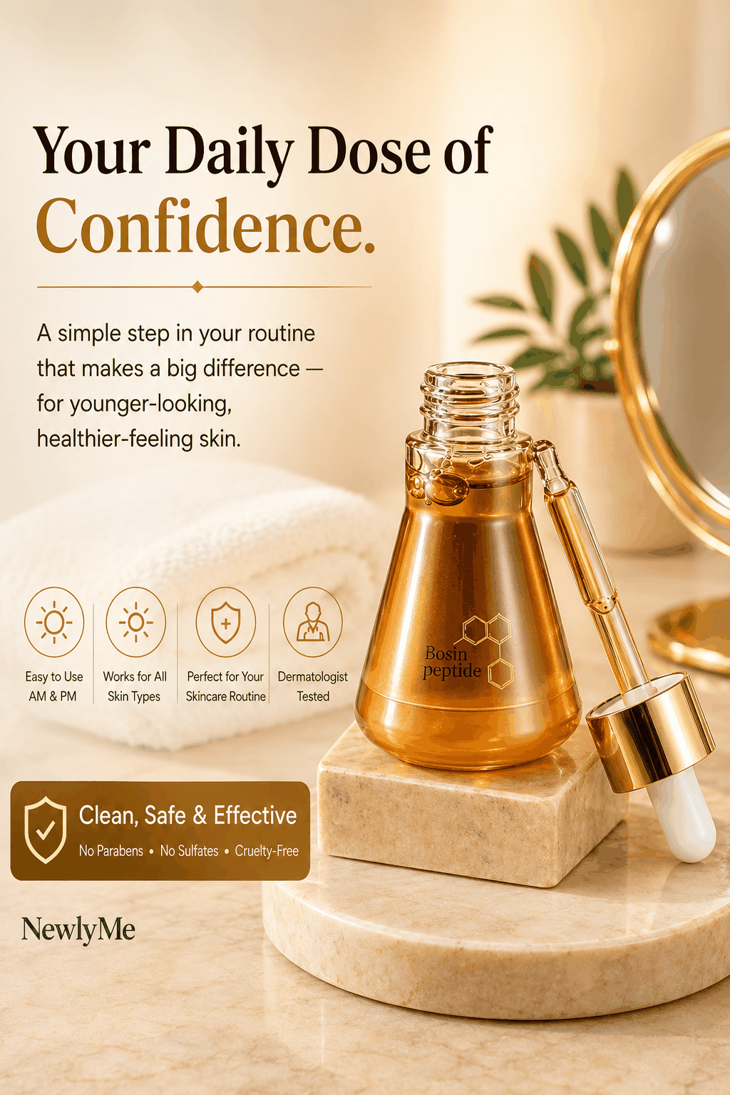 Resurfacing Face Hydrating Care serum bottle with dropper on a wooden stand, surrounded by text about confidence and skincare routine.