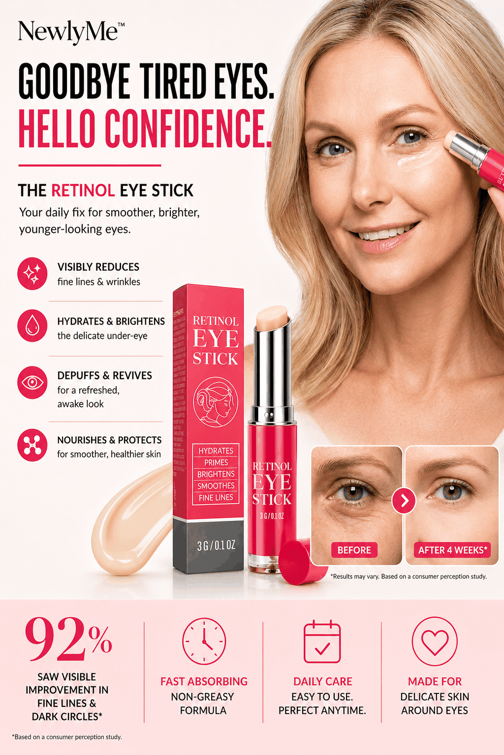 Retinol Eye Cream Repair Stick tube with anti-aging and moisturizing benefits for reducing dark circles, puffiness, fine lines, and wrinkles around eyes