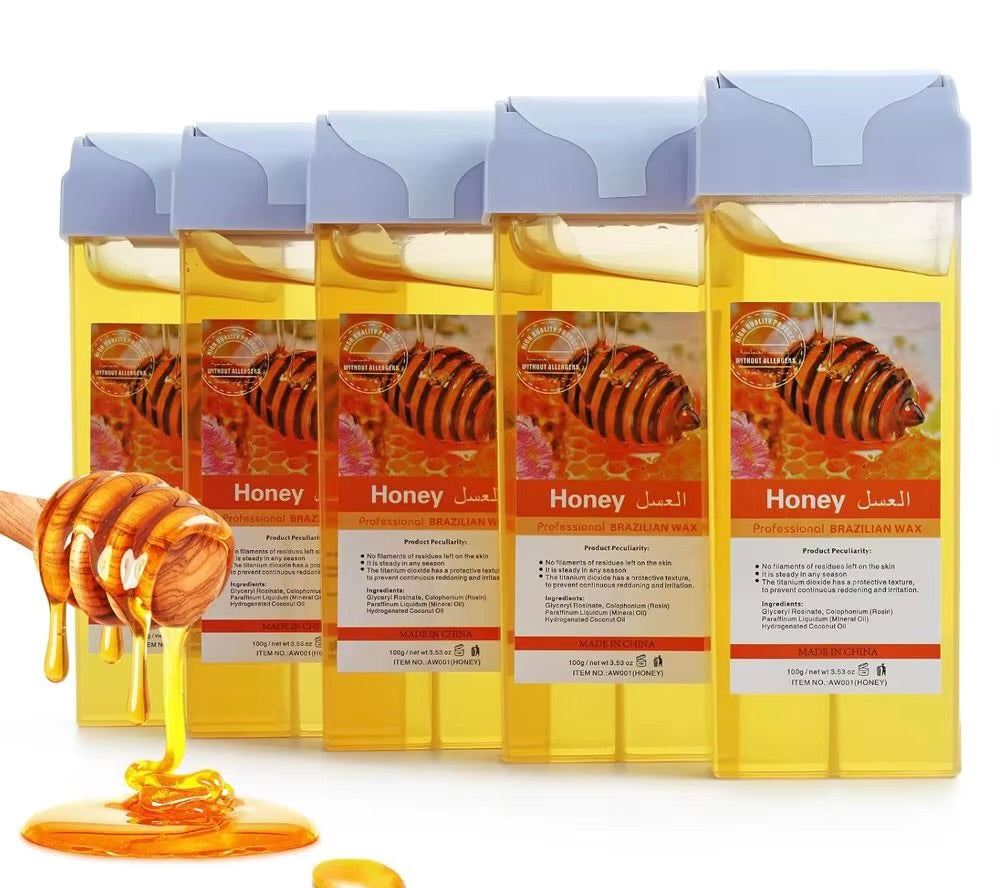 Honey-scented professional Brazilian hair removal wax refill cartridges with soft roller applicator for sensitive skin