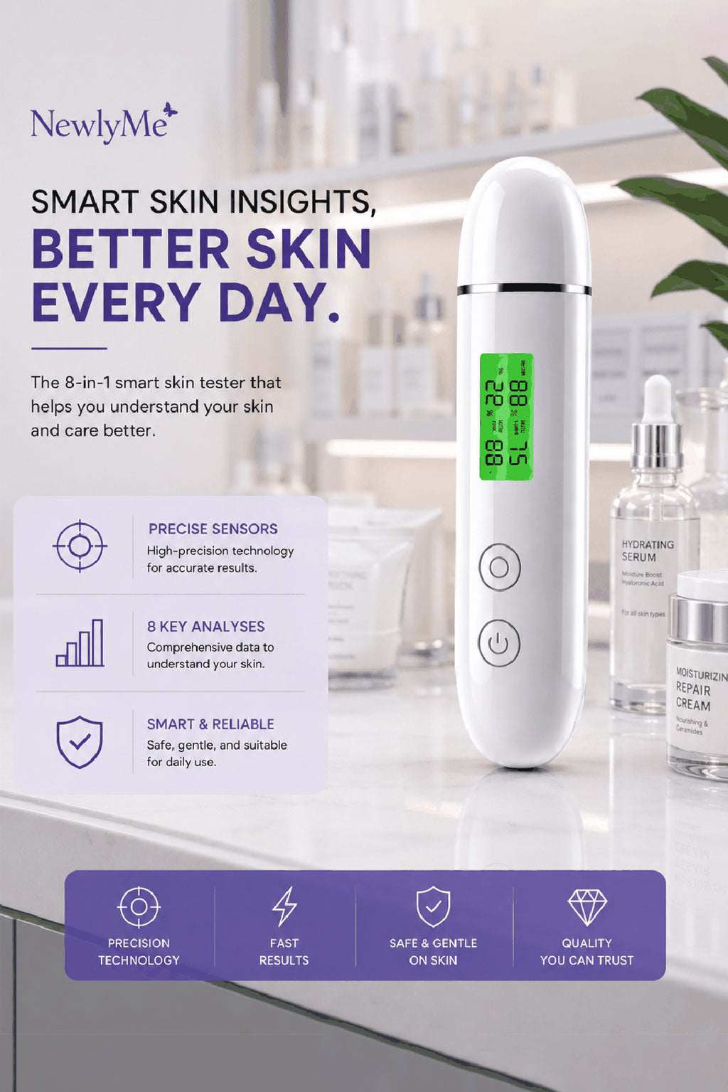 White skin analysis device with digital display on a counter, surrounded by skincare products and decor.