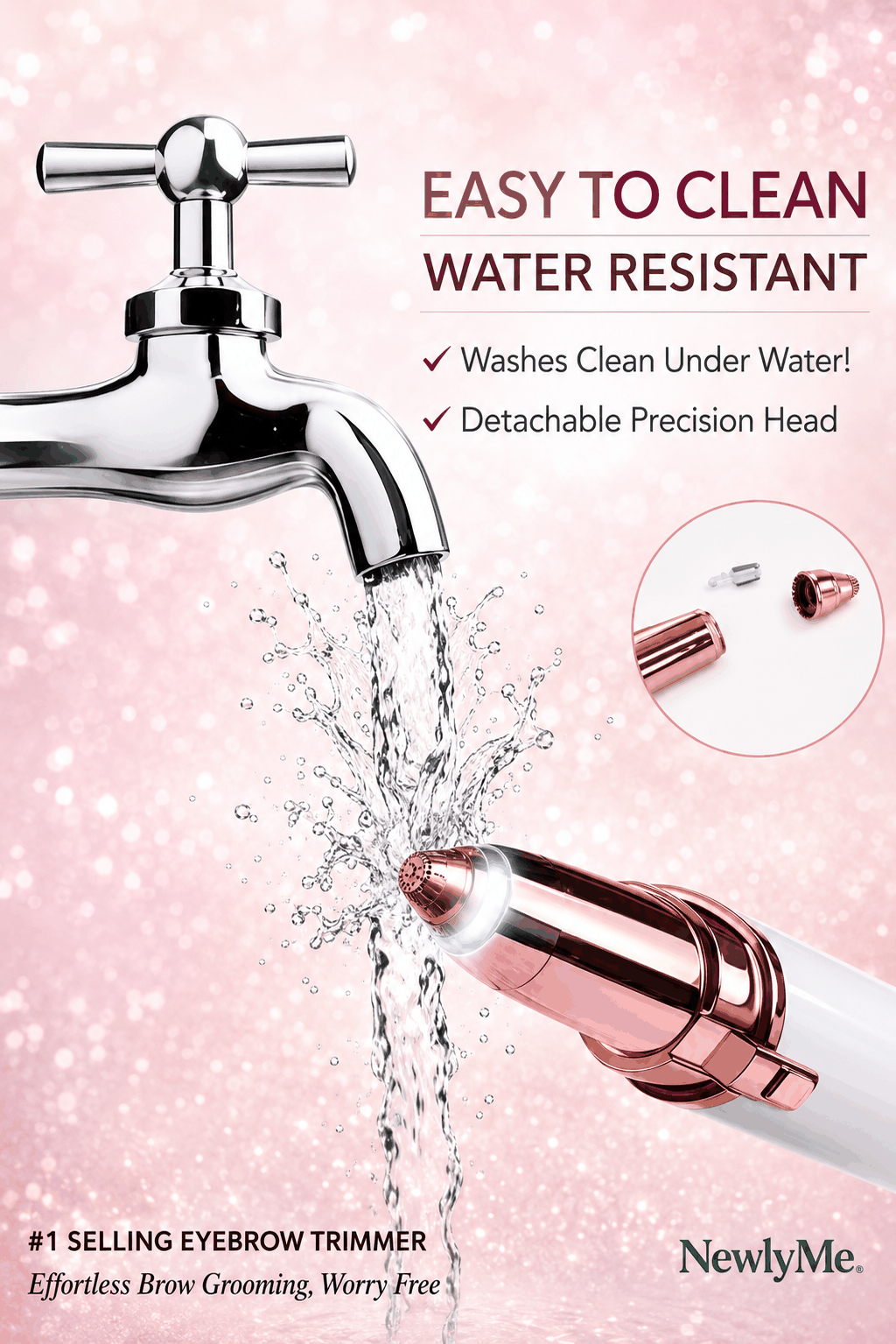 Smart Eyebrow Trimmer being rinsed under water, promoting easy to clean with pink background.