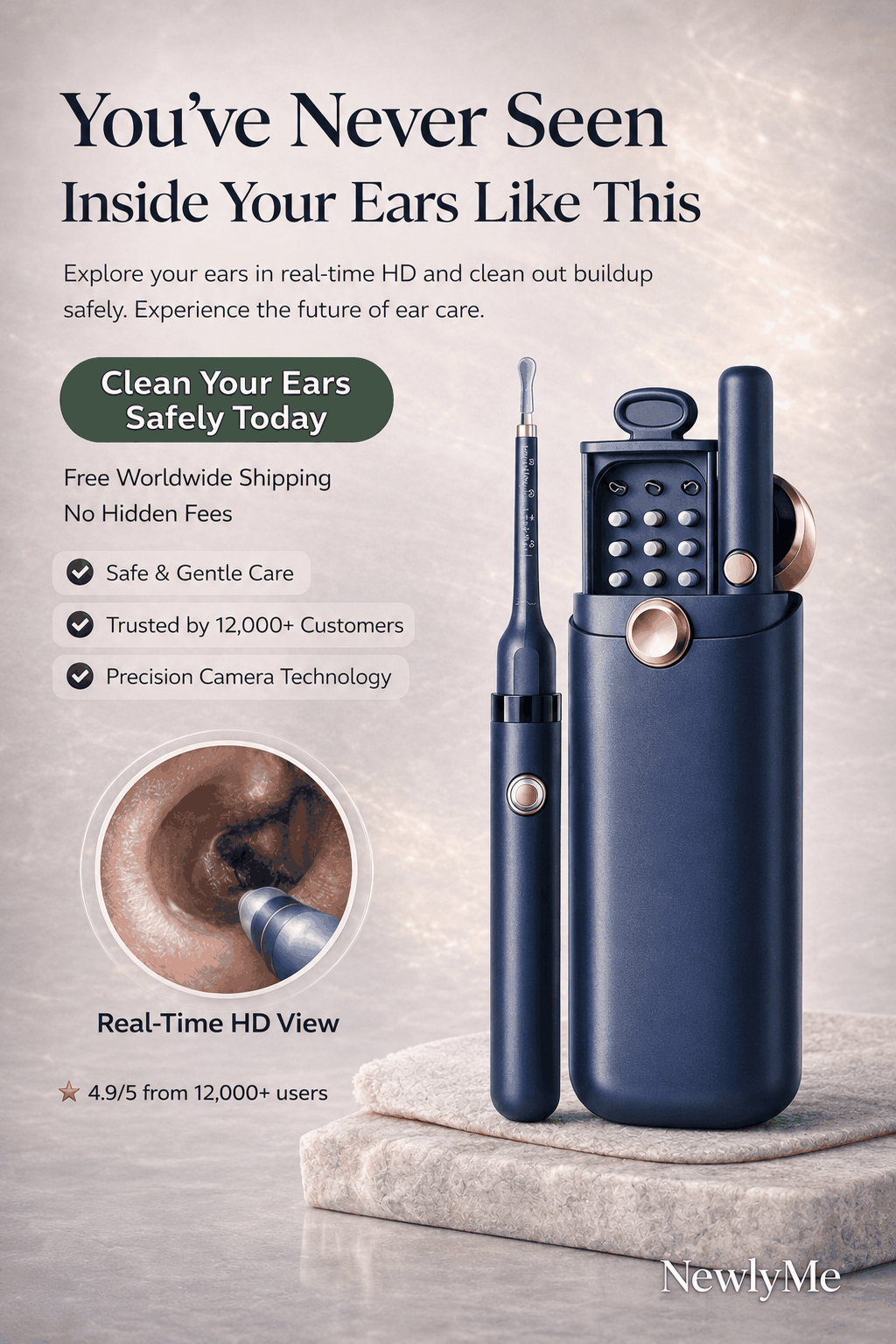 Ear cleaning device with text about real-time HD view and safety features on a neutral background.