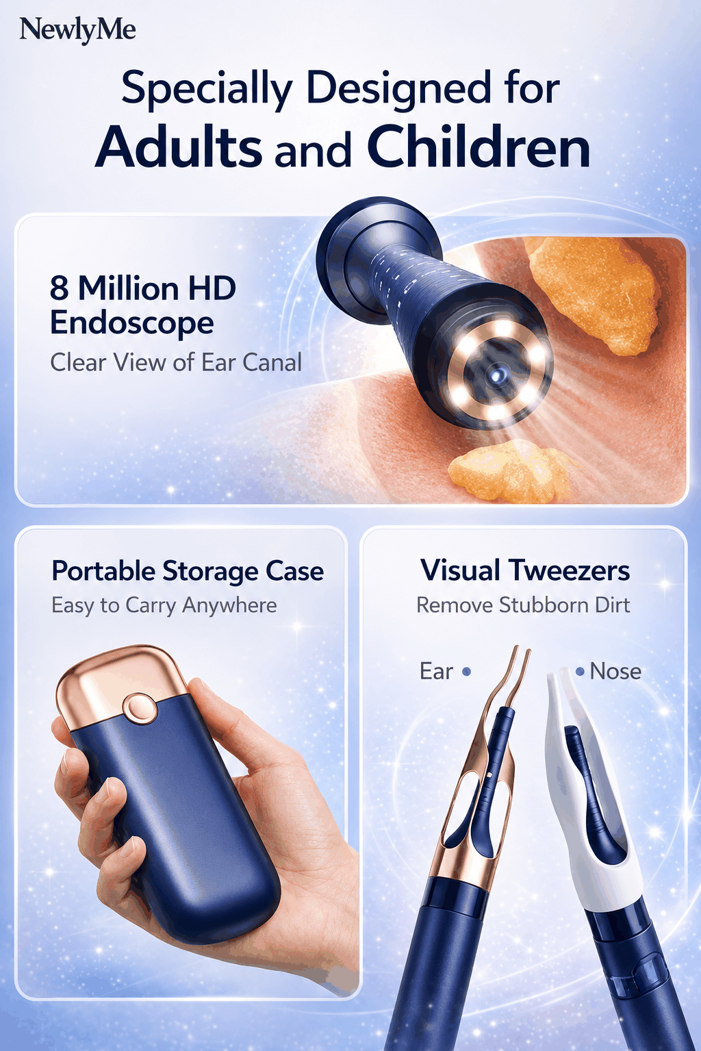 Ear cleaning tools with text highlighting features like HD endoscope, portable storage case, and visual tweezers.