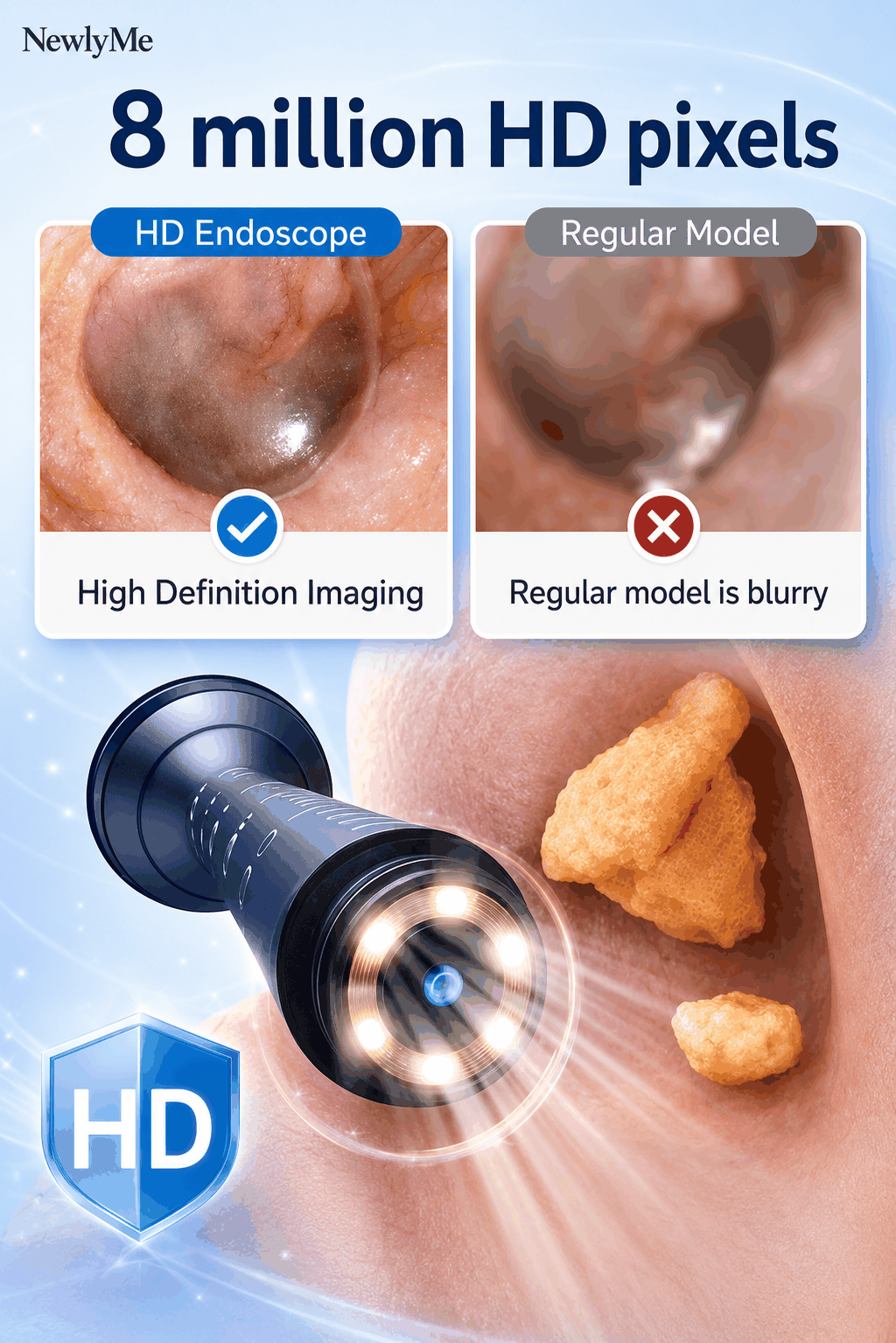 HD endoscope showing high definition imaging of internal structures with 8 million HD pixels.