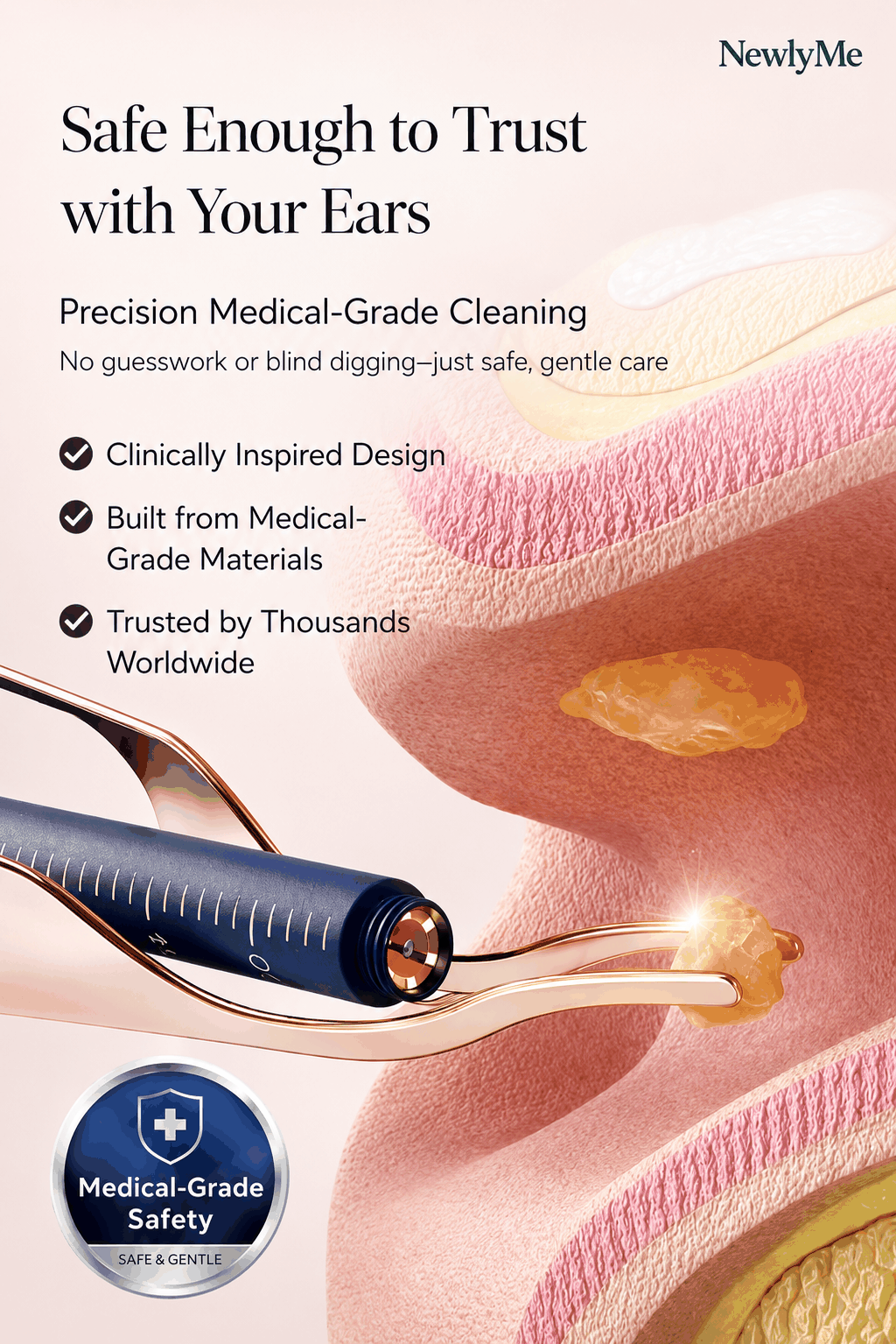 Ear cleaning tool with text about safety and trustworthiness.