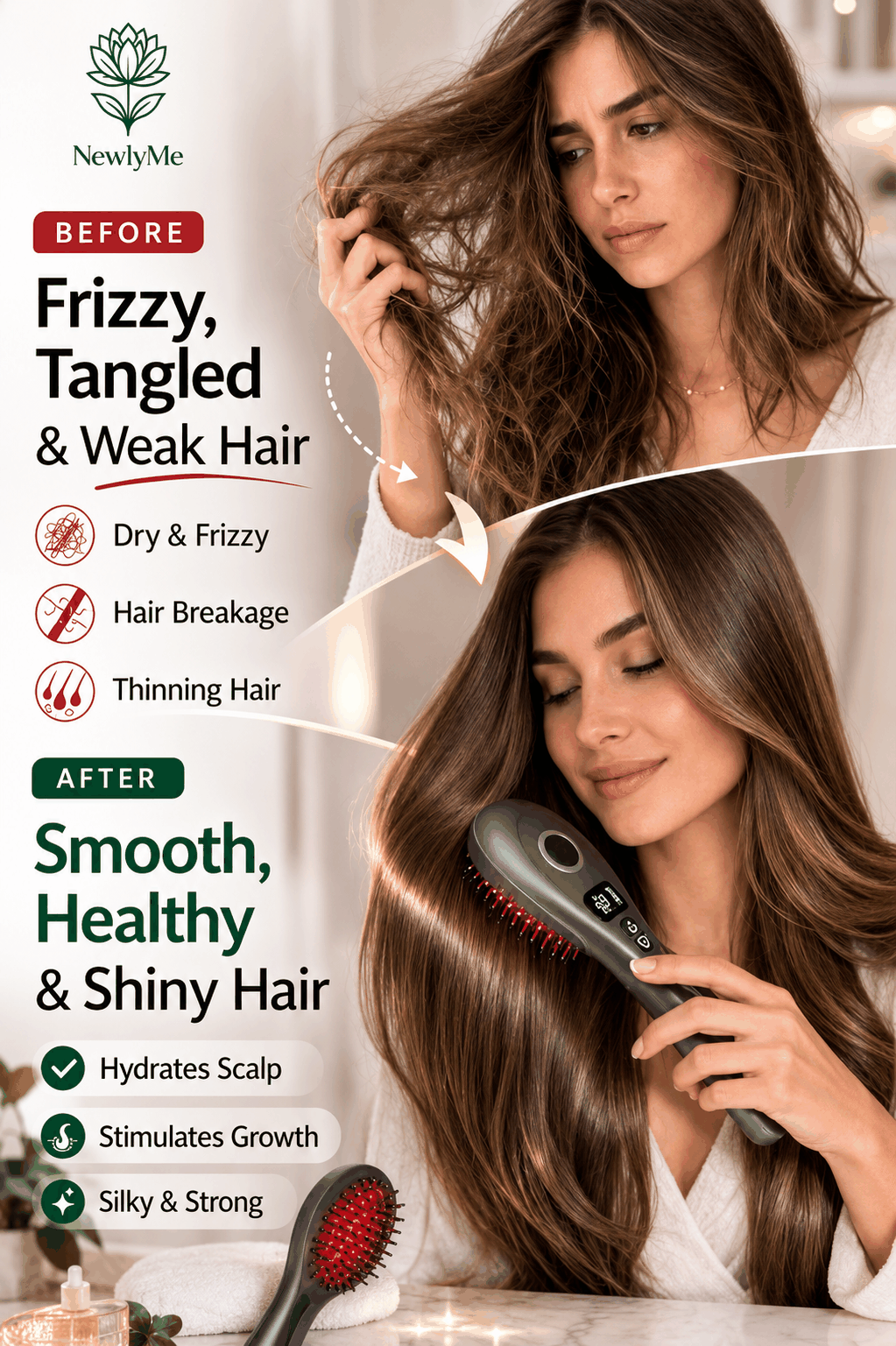 Spray Massage Comb with hydrating spray, massage vibrations, red light modes, and LCD display for scalp wellness