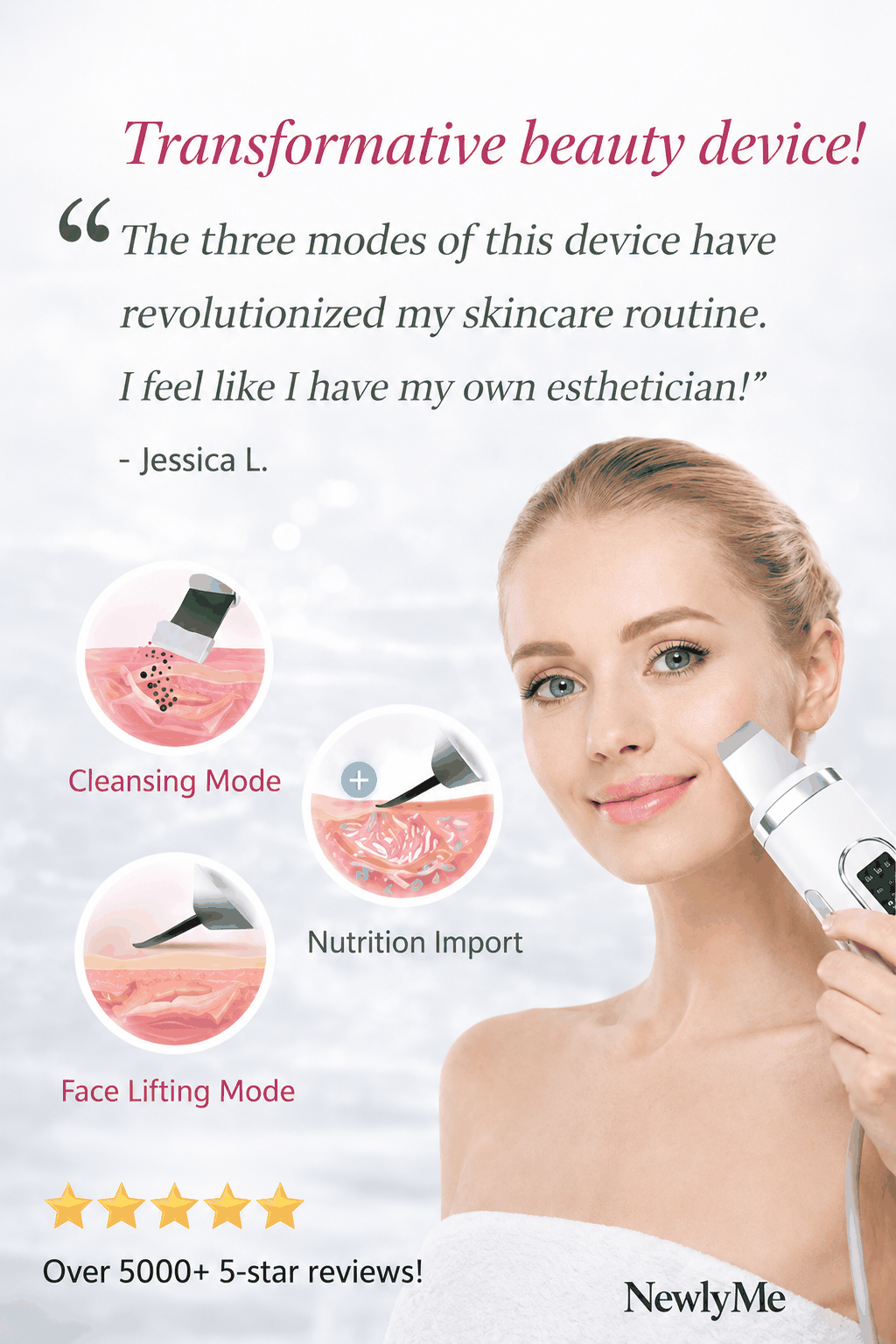 Ultrasonic Skin Scrubber device with text and images of a woman using it, featuring testimonials and mode descriptions.