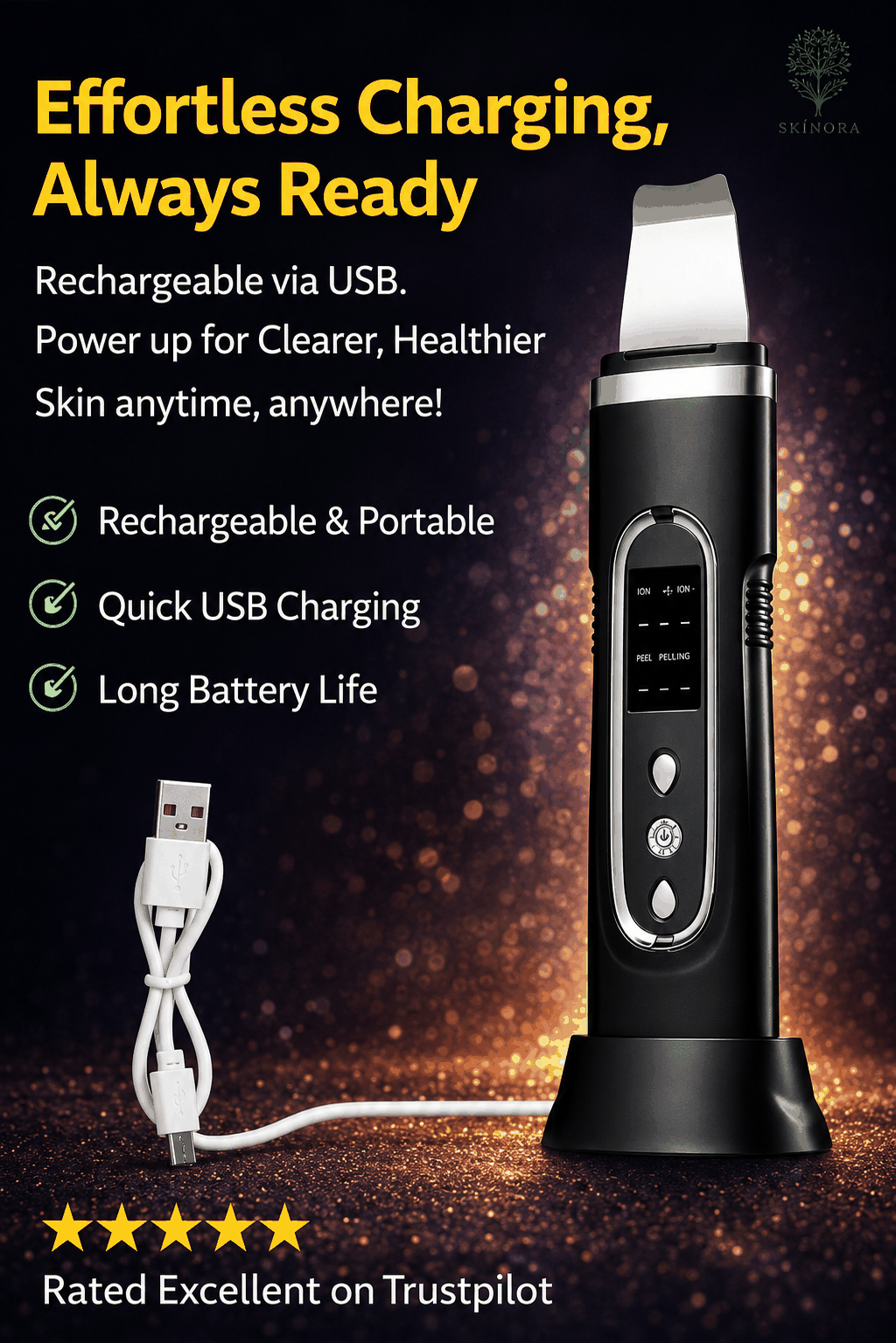 Black ultrasonic skin scrubber device with USB cable on a dark background, featuring text about charging and usage.