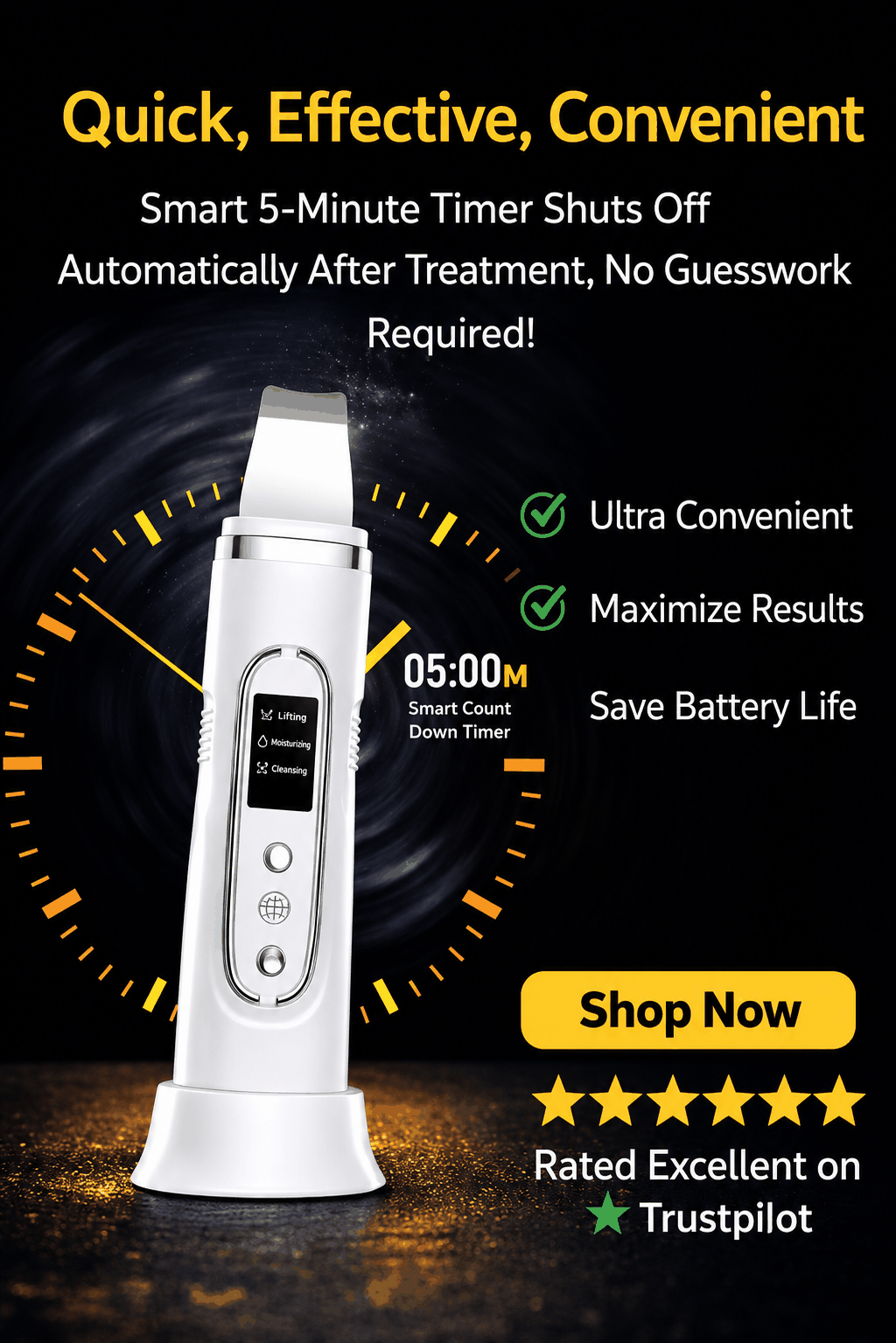 White ultrasonic skin scrubber device with digital timer on a dark background, featuring text about its features and benefits.