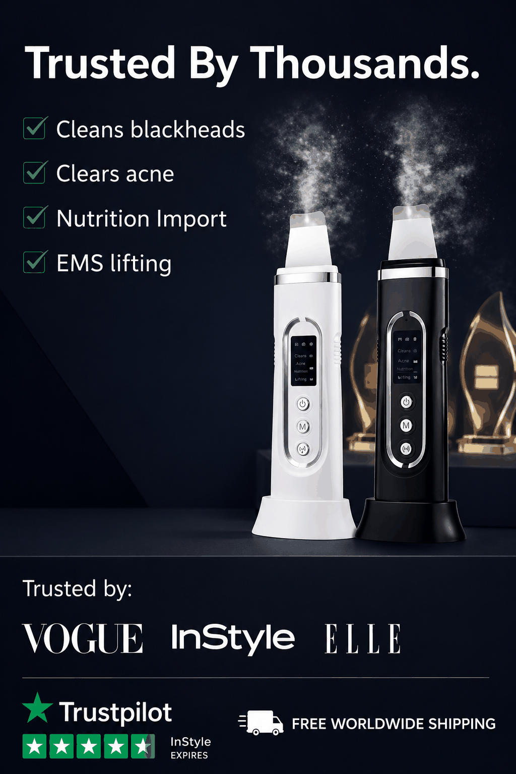 Two ultrasonic skin scrubber devices with steam coming out, labeled for skincare benefits, on a dark background with brand endorsements.