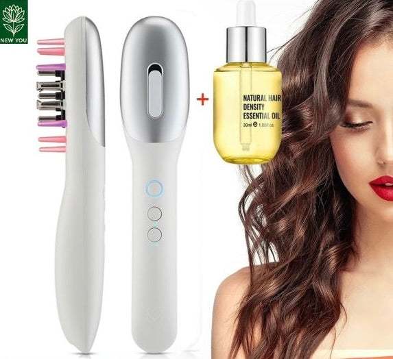 Hair growth massage comb with essential oil bottle and woman with healthy wavy hair