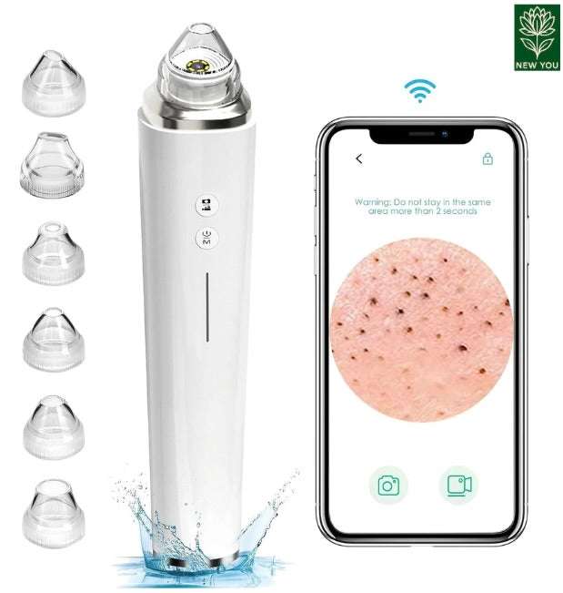 Multifunctional Beauty Cleaner with app control and visual pore camera showing skin close-up on smartphone screen
