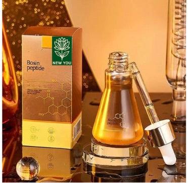 Resurfacing Face Hydrating Care peptide essence bottle with dropper and packaging box on reflective surface