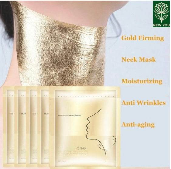 Gold Firming Neck Mask pack with moisturizing, anti-wrinkle, and anti-aging benefits displayed with gold neck patch application.