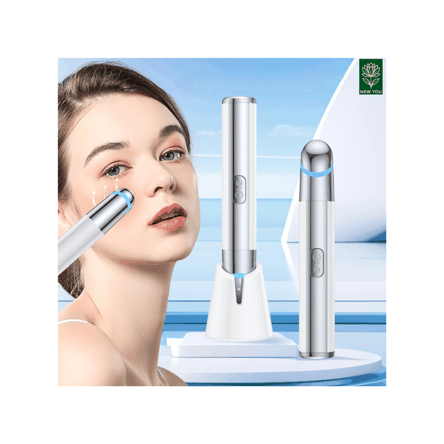 Compact Eye And Lip Beauty Massager with red, blue, and purple light therapy, heating and vibration functions for firming and brightening skin.