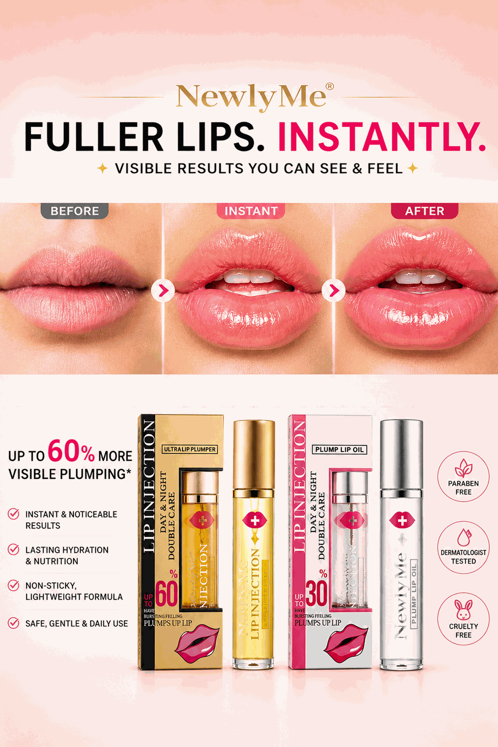 Lip Plumping product showing before, during, and after effects on lips.
